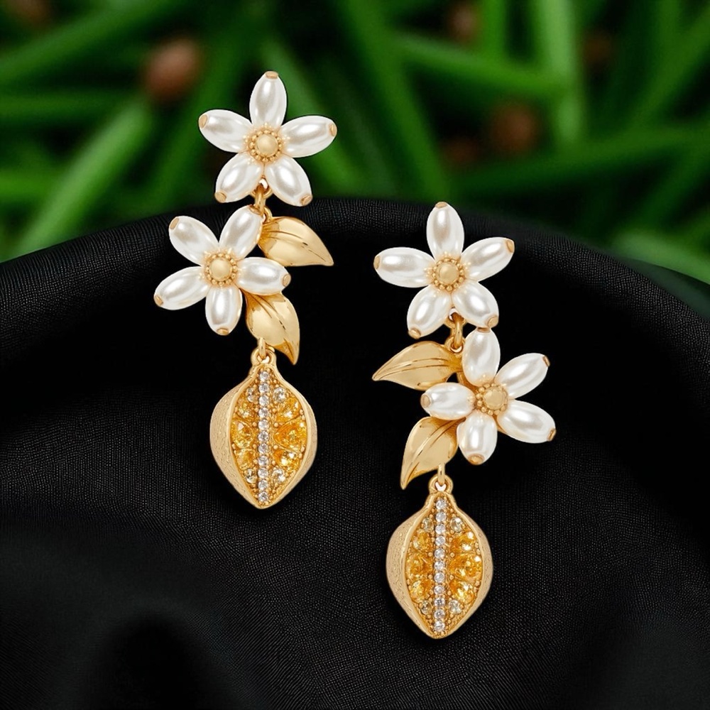 kate spade Gold-Tone Cubic Zirconia Lemon/Faux Pearl Flower Linear Drop Earrings